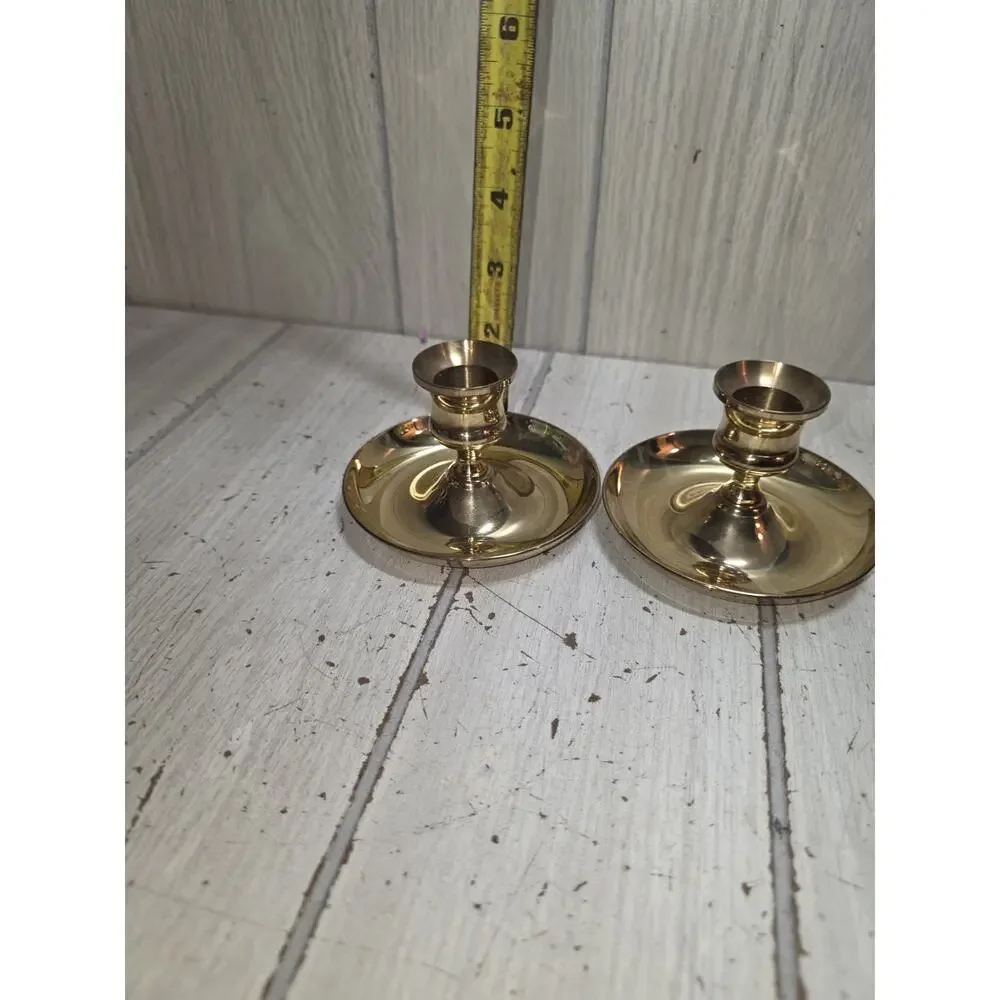 Vintage Pair Polished Brass Candlestick Candle Holders 3